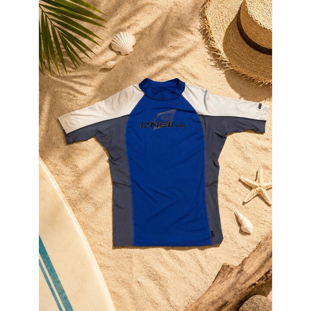 O'Neill XL Gray /Blue Skins 50+ UV Protection Short Sleeve Rash Guard Shirt Surf
